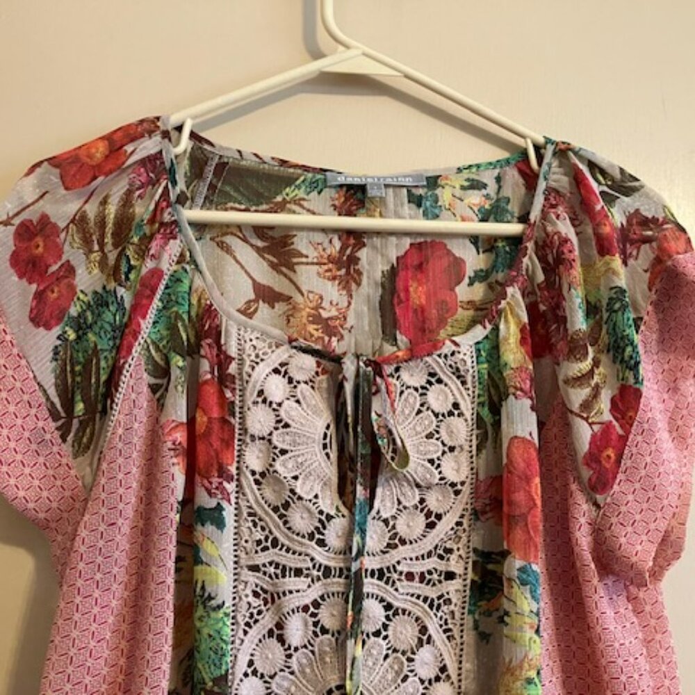 Anthro-Daniel Rainn Boho Chiffon Top with Crochet Lace - Small to Med